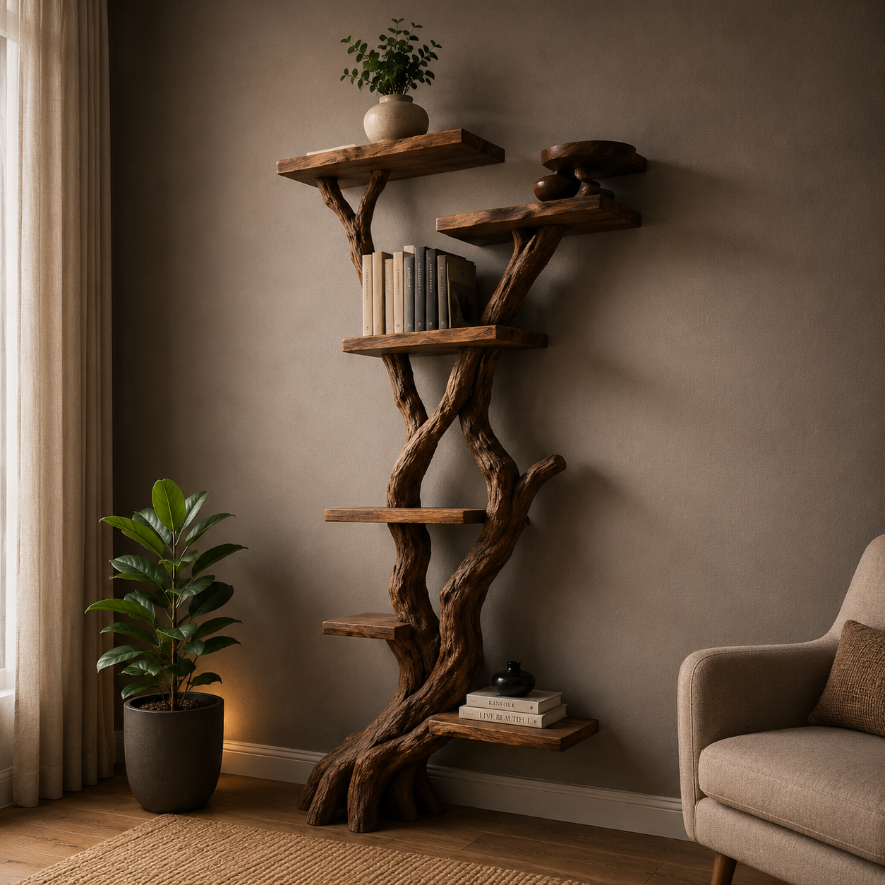 Artisan Sculptural Tree Bookshelf in Solid Wood CTITB25010