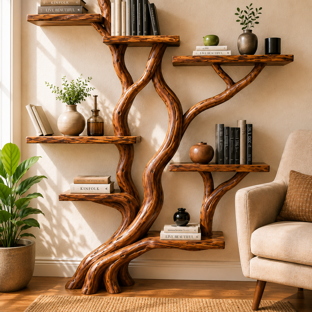 Hand Carved Tree Branch Bookcase Wall Mounted CTITB25009
