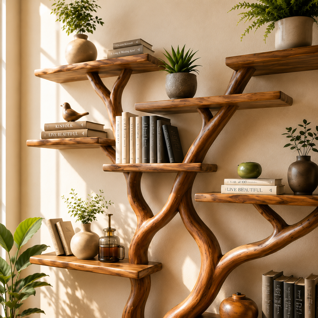 Hand Carved Tree Branch Bookcase Wall Mounted CTITB25009