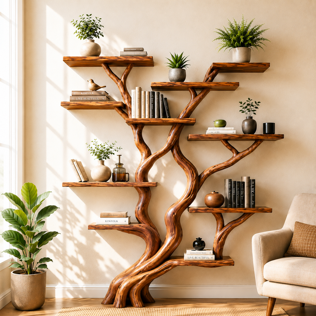 Hand Carved Tree Branch Bookcase Wall Mounted CTITB25009