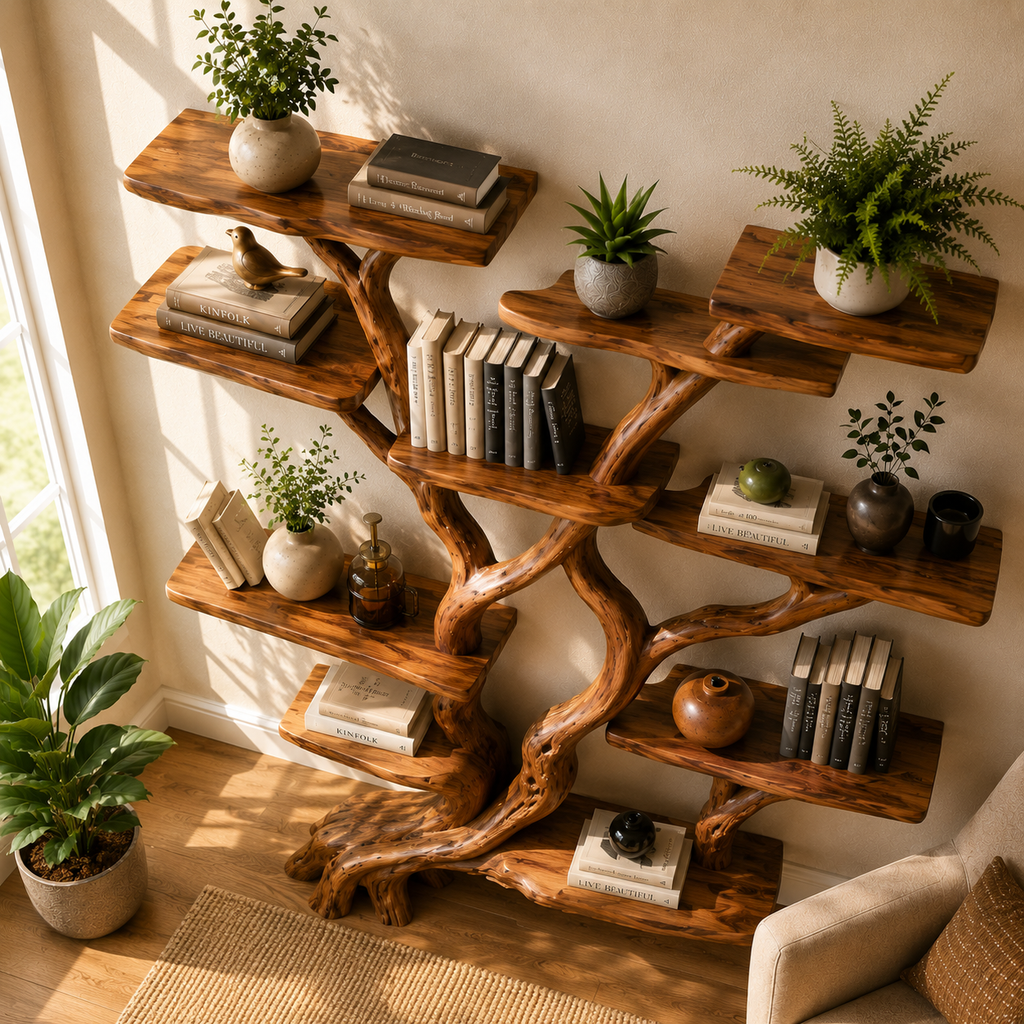 Hand Carved Tree Branch Bookcase Wall Mounted CTITB25009