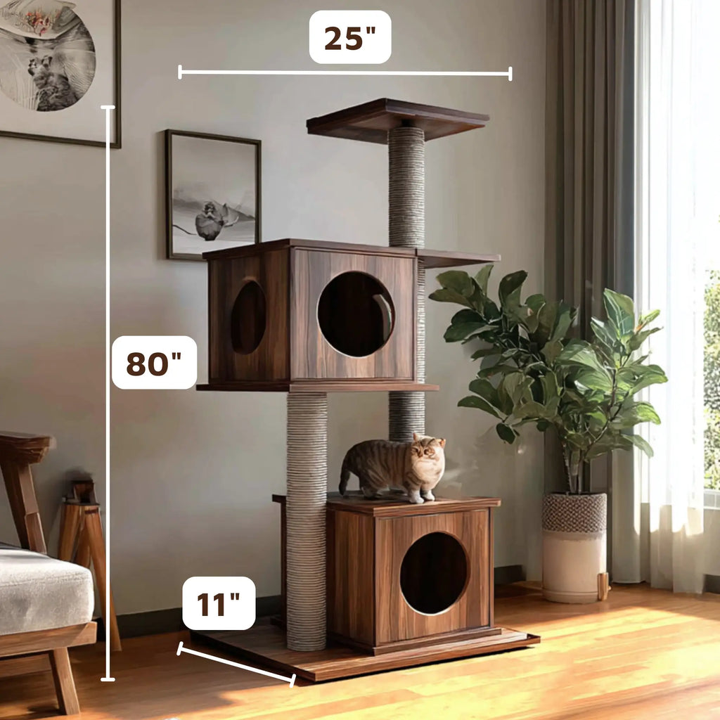 Mid Century Modern Wood Cat Tree Tower CTICAT25001