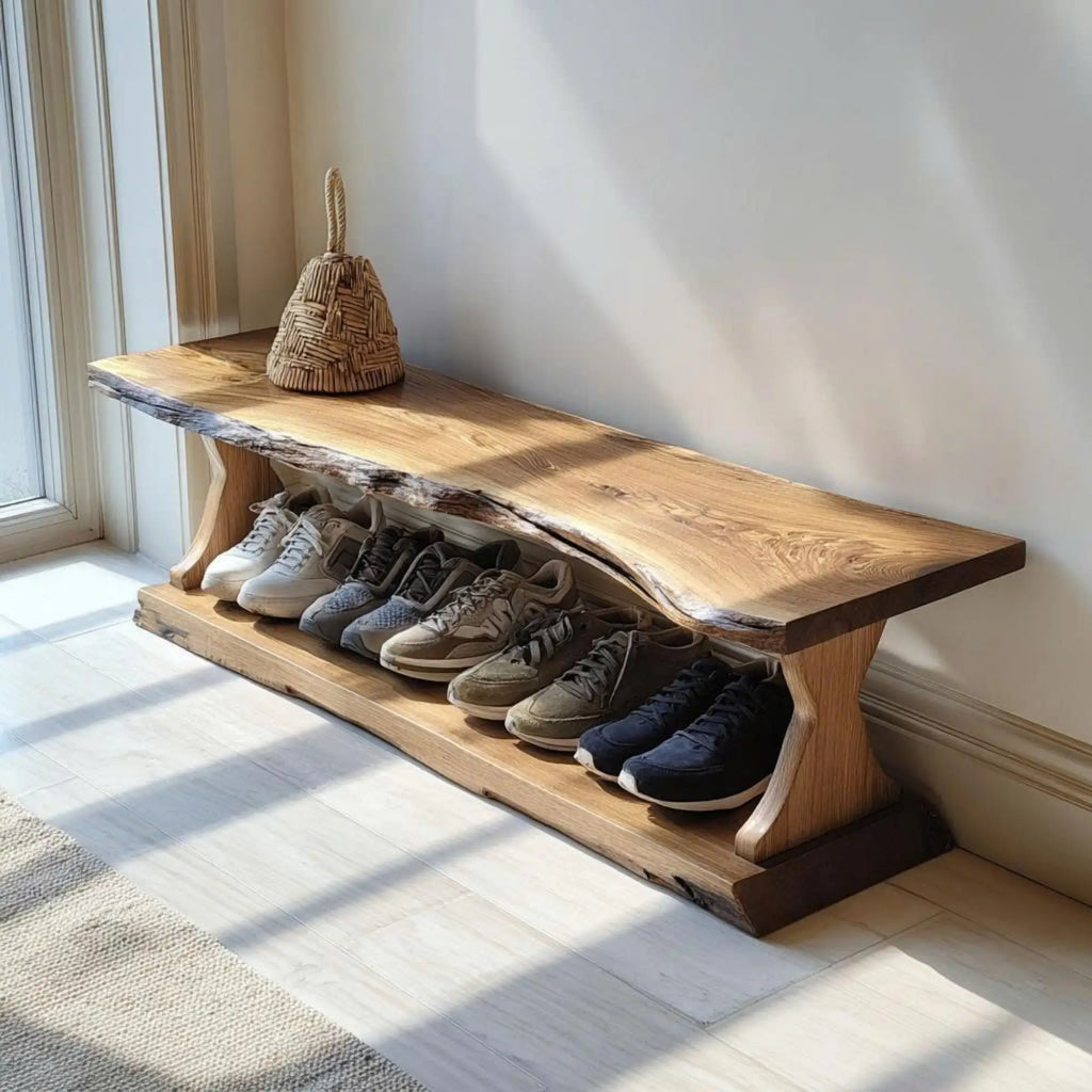 Mid Century Natural Wood Shoe Storage Bench Hallway CTIBE25002