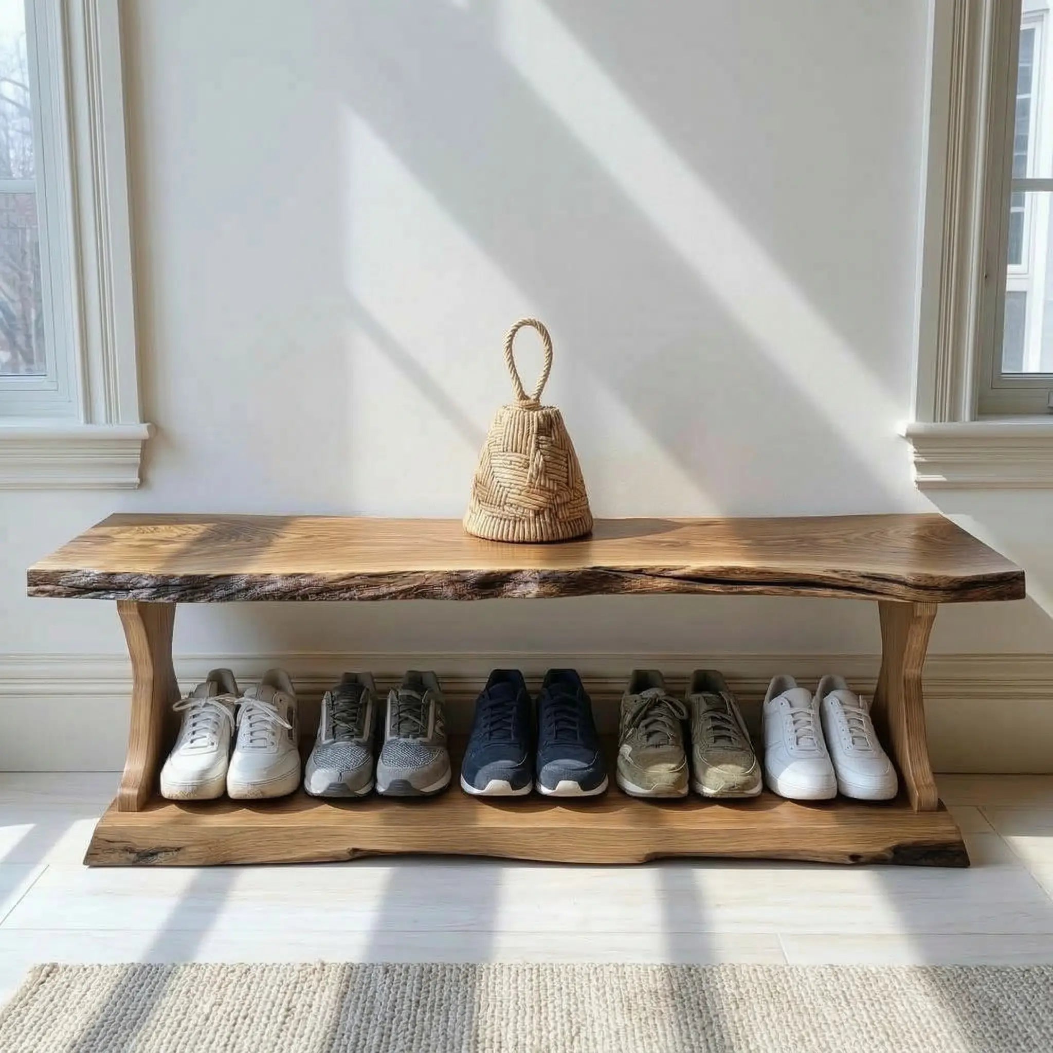 Mid Century Natural Wood Shoe Storage Bench Hallway CTIBE25002