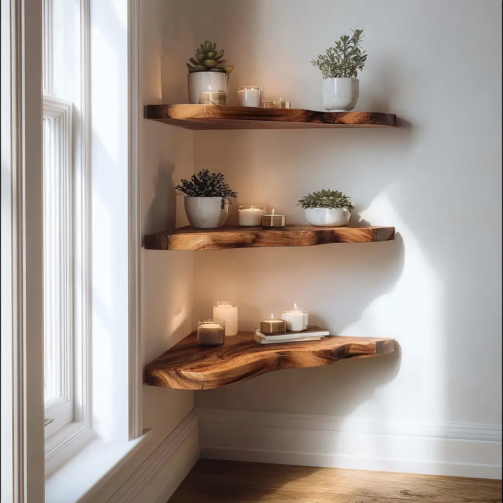 Natural Grain Wooden Corner Shelf for Minimal and Rustic Rooms CTICN25004