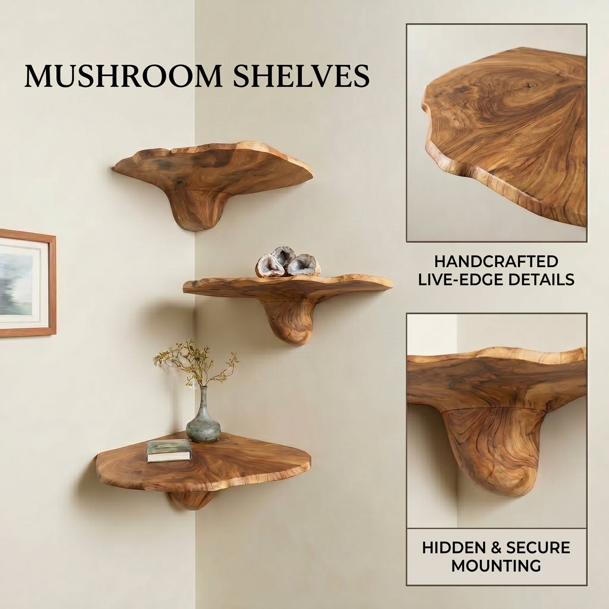 Natural Mushroom Wood Floating Shelf CTIMR25002