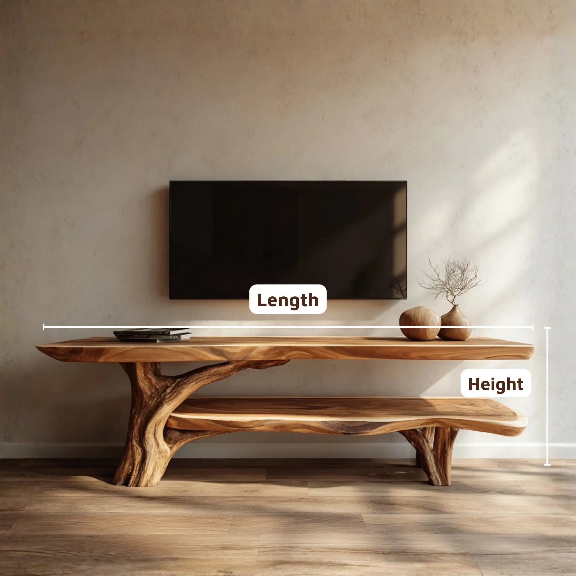 Rustic Handmade 2 Tier Console TV Stand with Tree Trunk Base CTITV25002