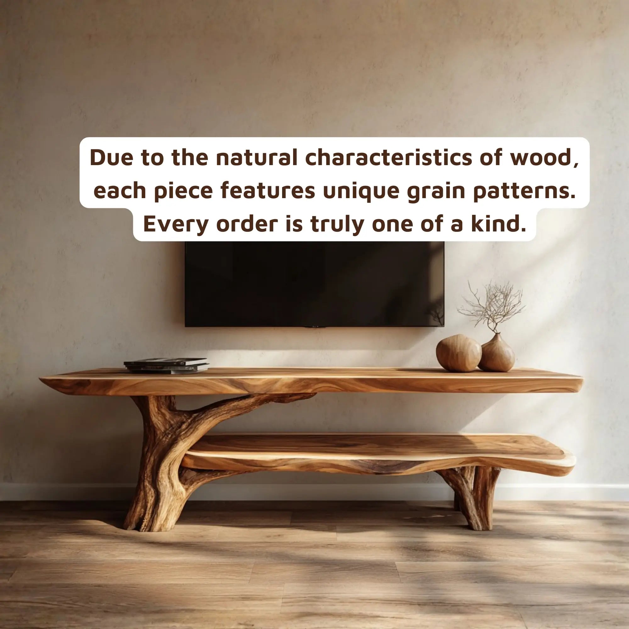 Rustic Handmade 2 Tier Console TV Stand with Tree Trunk Base CTITV25002