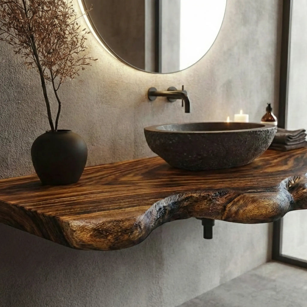 Rustic Live Edge Wood Vanity Top Natural Wavy Edge Bathroom Floating Shelf CTIBRV25003