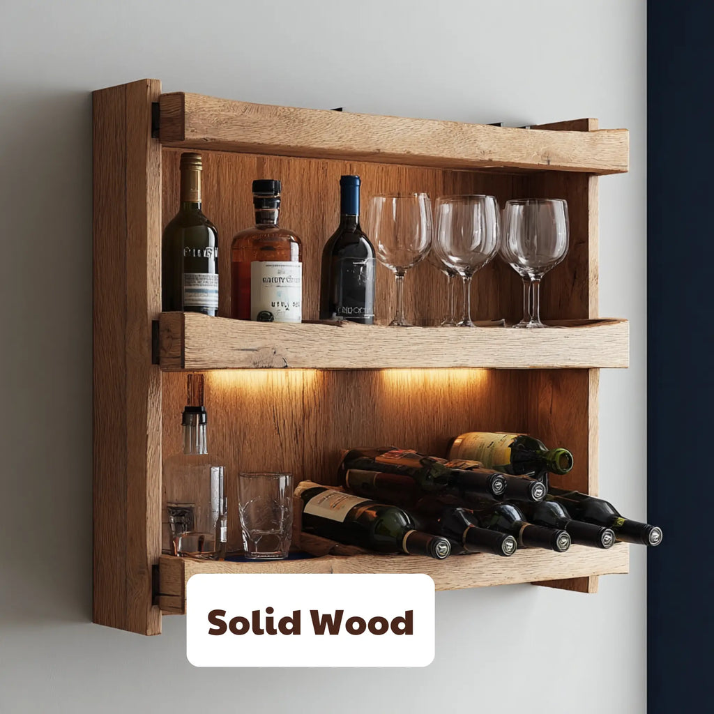 Rustic Wood Wall Mounted Wine Bar Shelf CTIBAR25004