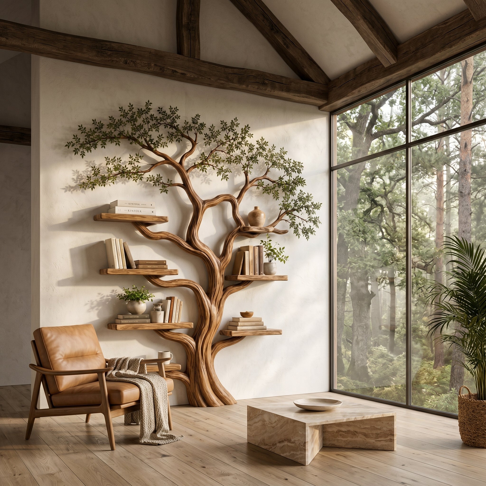 Sculptural Solid Wood Tree Bookshelf with Curved Branches CTITB25004