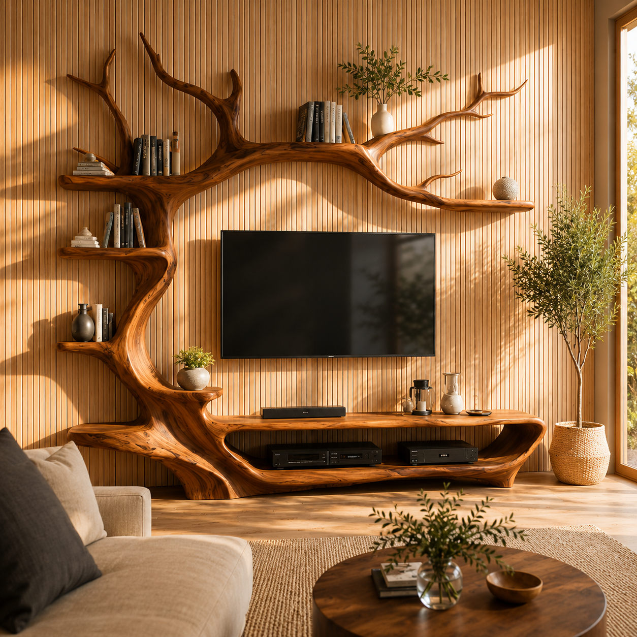 Solid Wood Tree Bookshelf with TV Entertainment Center CTITB25008