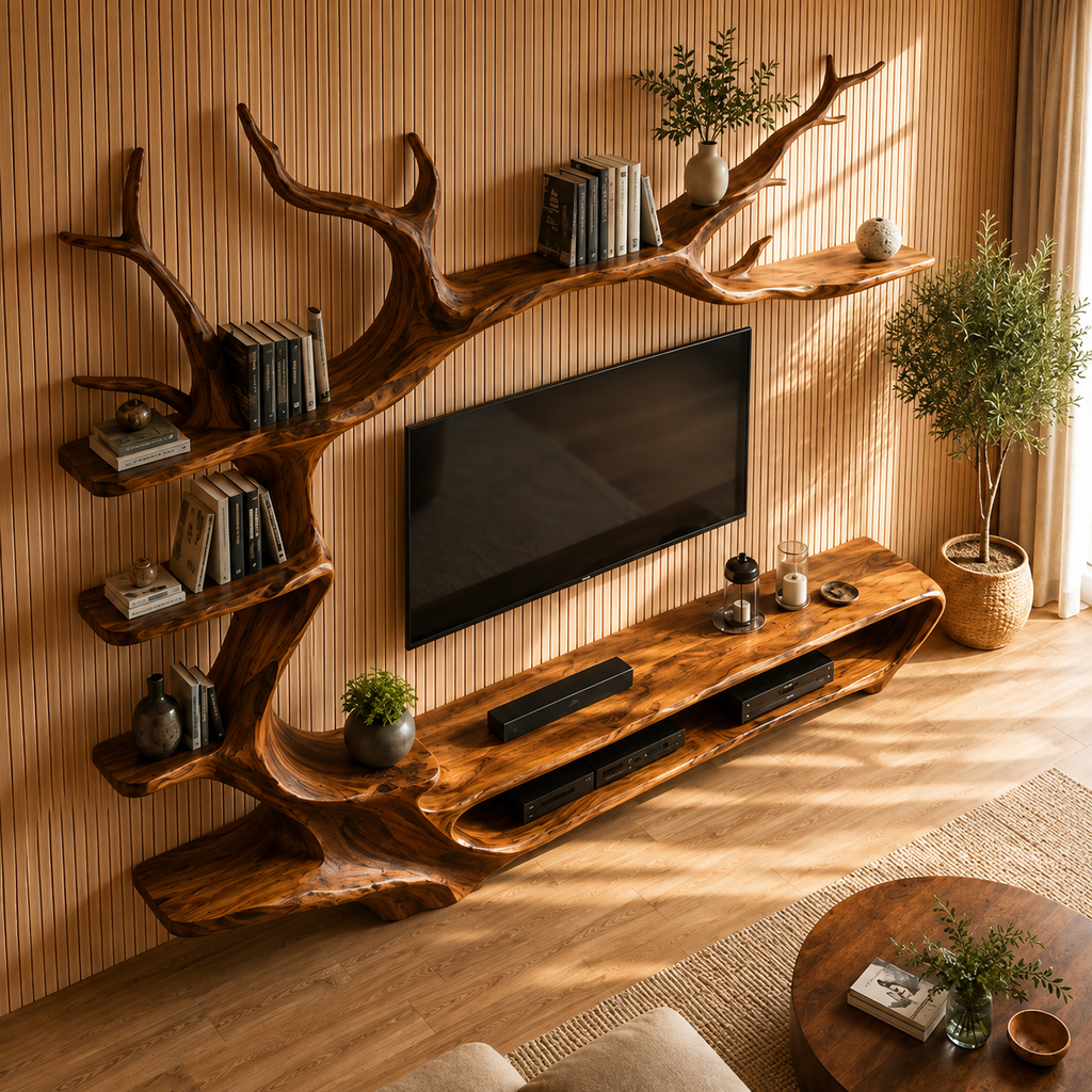 Solid Wood Tree Bookshelf with TV Entertainment Center CTITB25008