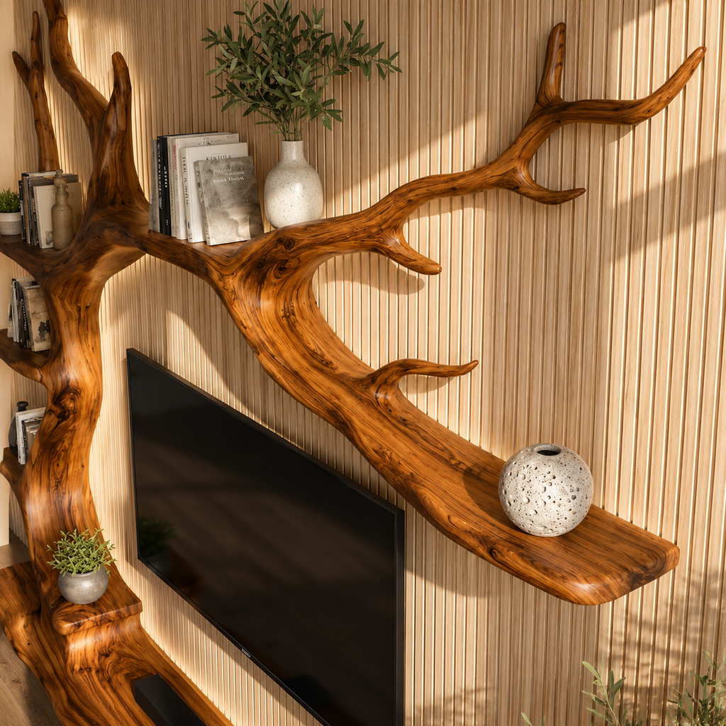 Solid Wood Tree Bookshelf with TV Entertainment Center CTITB25008