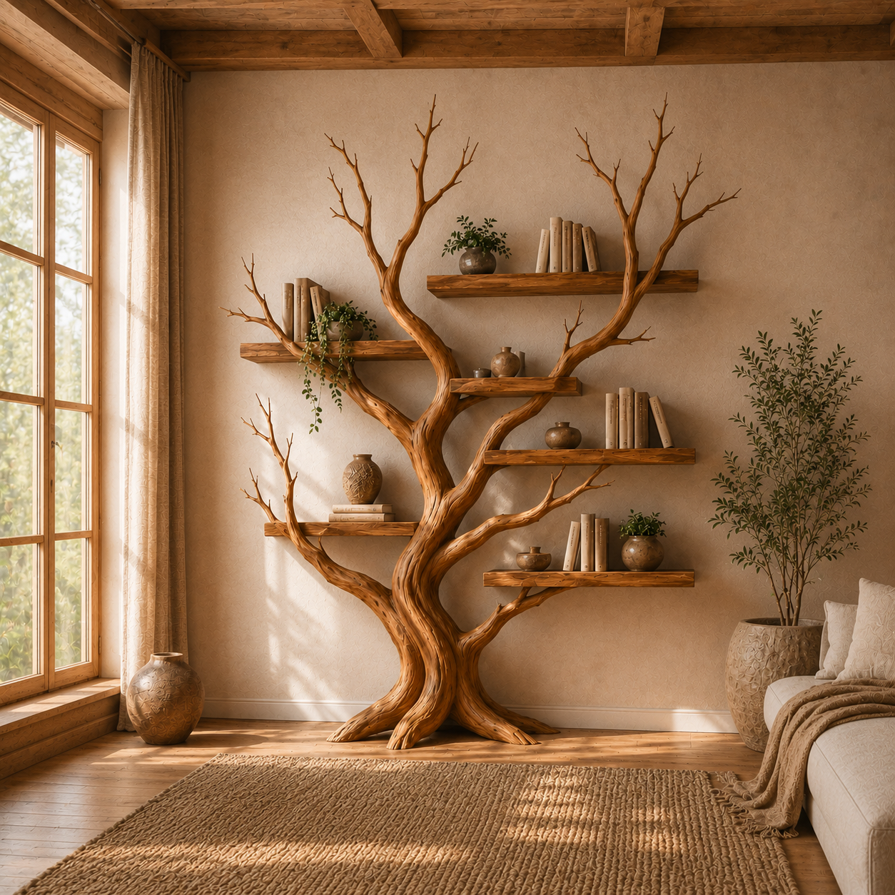 Wall Mounted Wooden Tree Bookcase with Floating Shelves CTITB25006