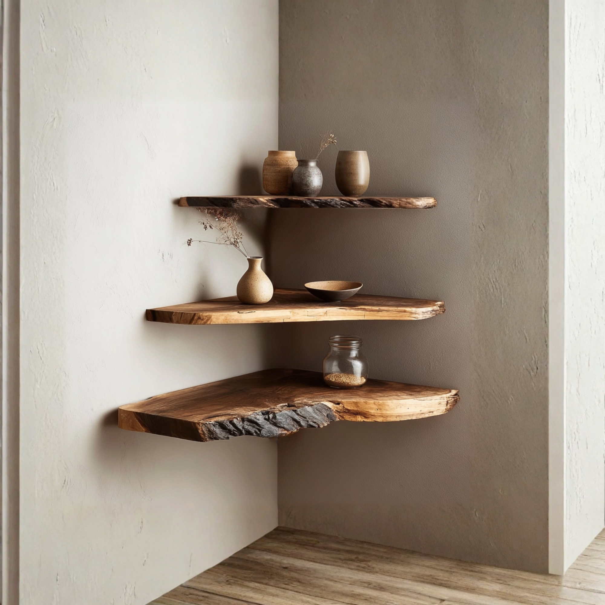 Handcrafted Natural Wood Corner Shelf with Raw Edge Design CTICN25002